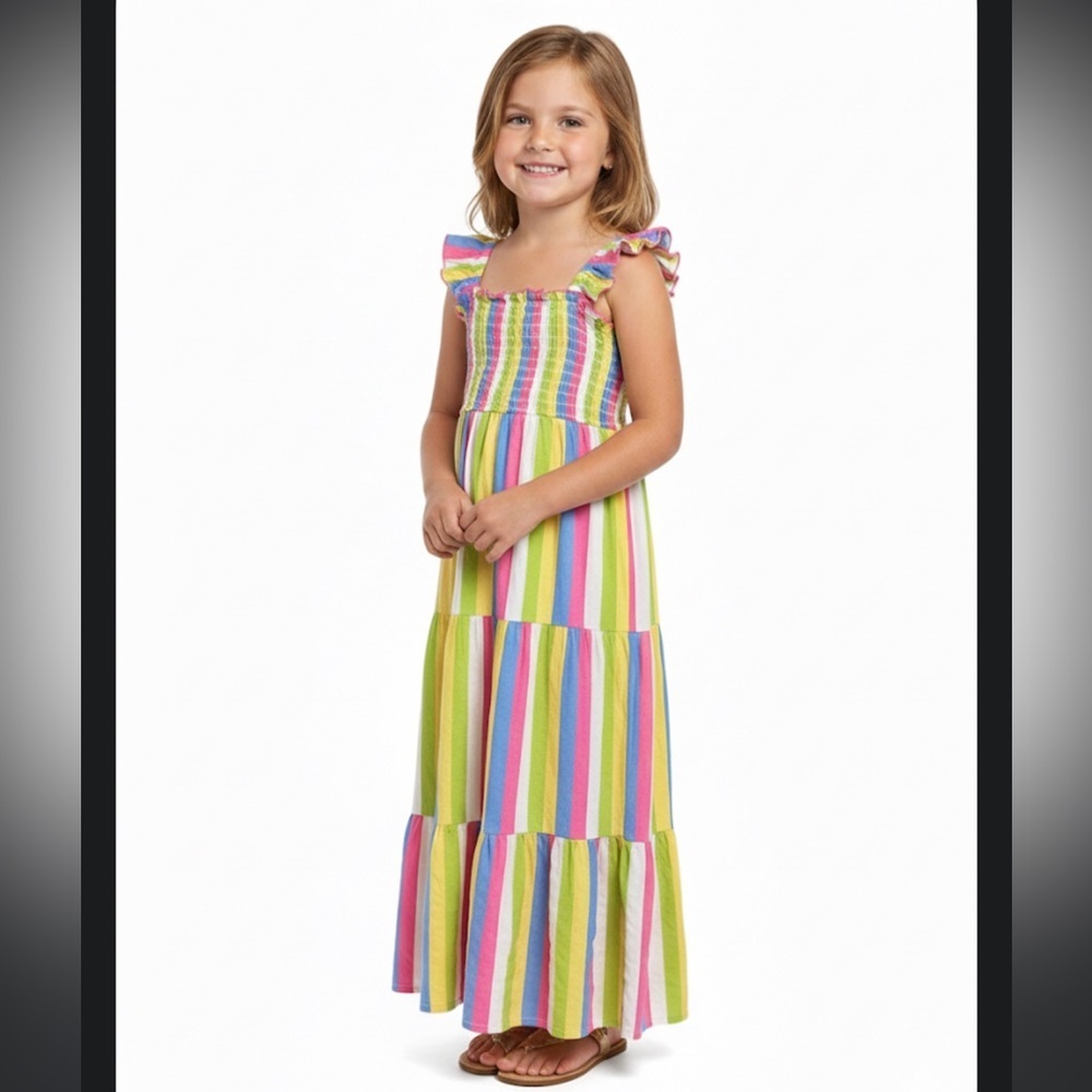Zunie Girl Vertical Stripe Smocked Maxi Dress Multi-Color Size XS 4/5 spring